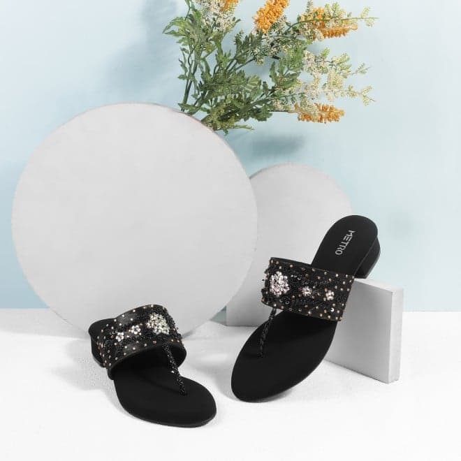 Women Black Ethnic Slip Ons