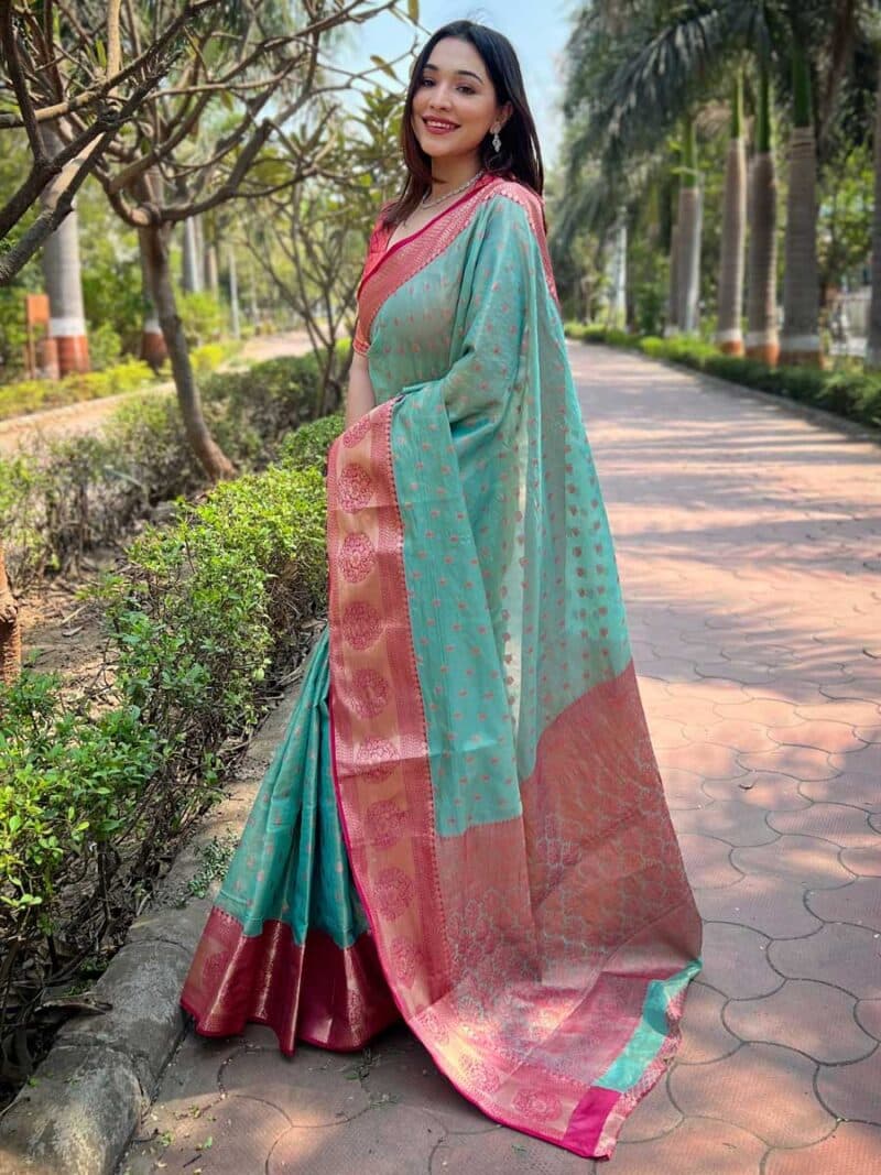 Rama Color Tissue Silk Saree - Manglam Dress