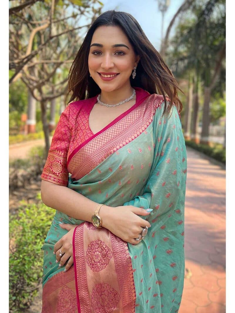 Rama Color Tissue Silk Saree - Manglam Dress
