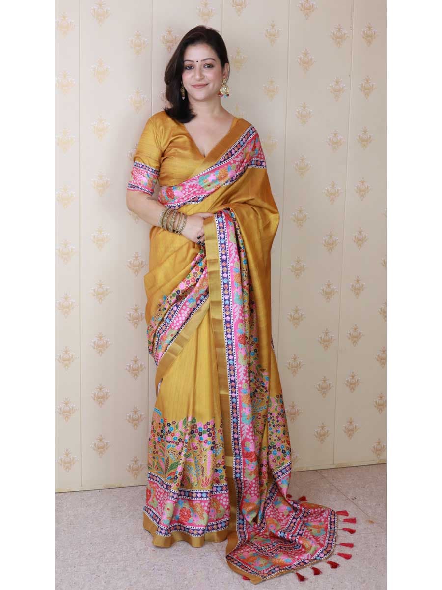Yellow Color Tussar Silk Saree - Manglam Dress | Mangalam Designer
