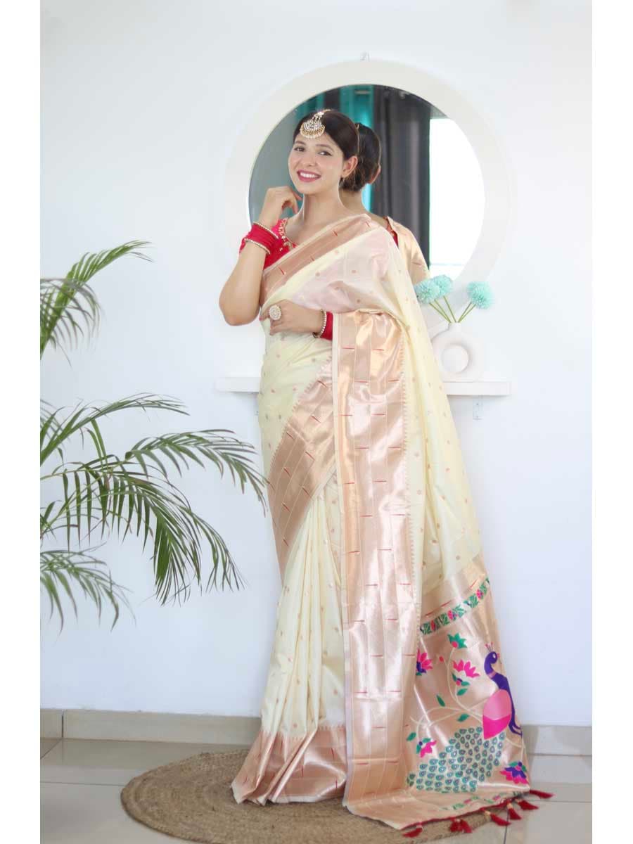 Cream Color Paithani Silk Saree - Manglam Dress | Mangalam Designer