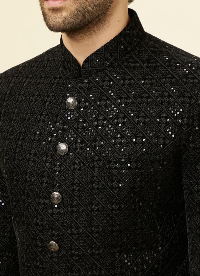 Midnight Black Grid Patterned Sequined Suit