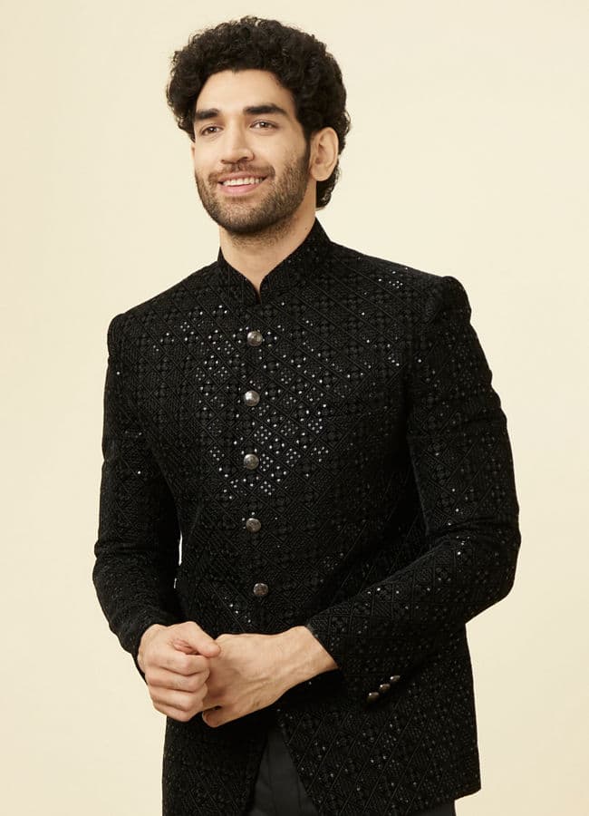 Midnight Black Grid Patterned Sequined Suit