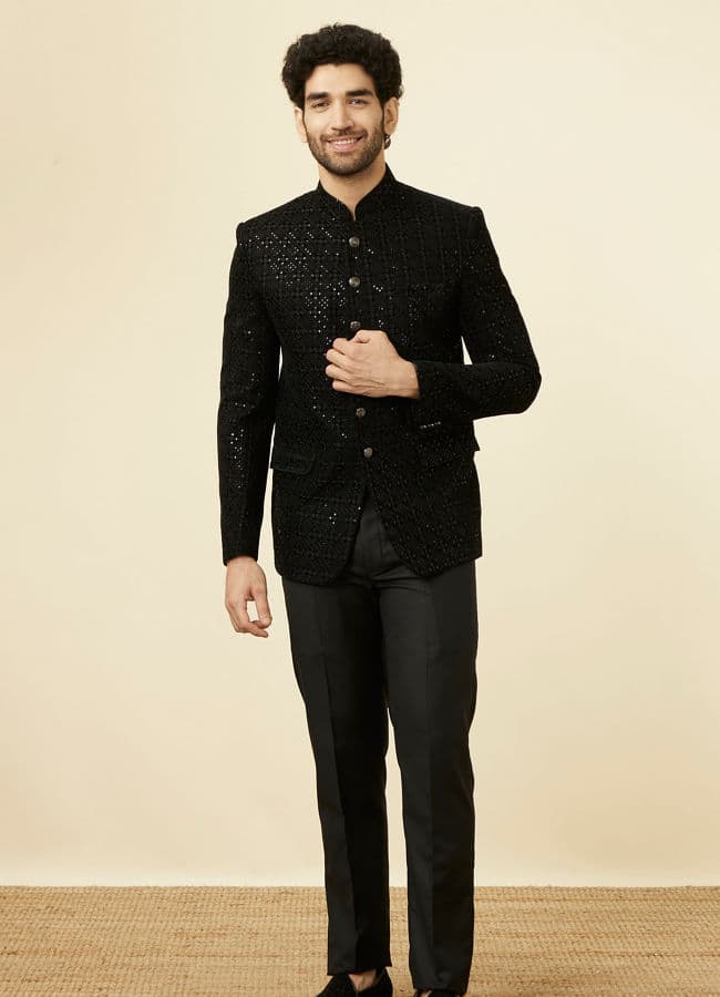 Midnight Black Grid Patterned Sequined Suit