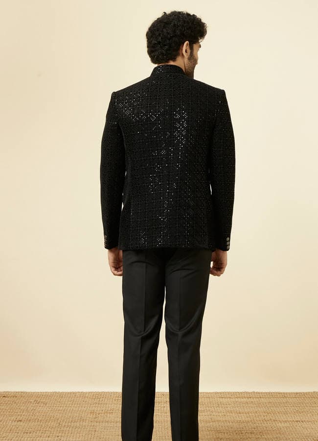 Midnight Black Grid Patterned Sequined Suit