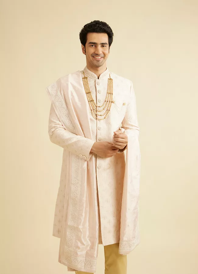 Coral Peach Floral Self Patterned Sherwani Set