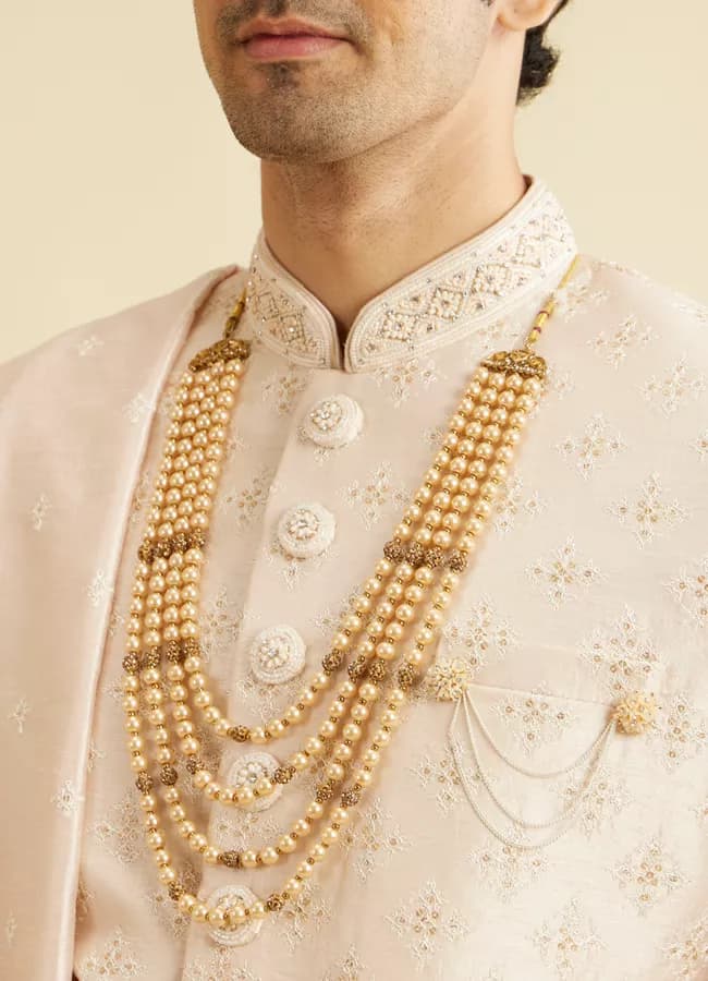 Coral Peach Floral Self Patterned Sherwani Set