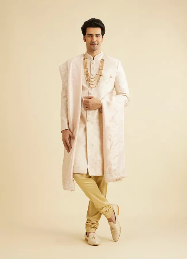 Coral Peach Floral Self Patterned Sherwani Set