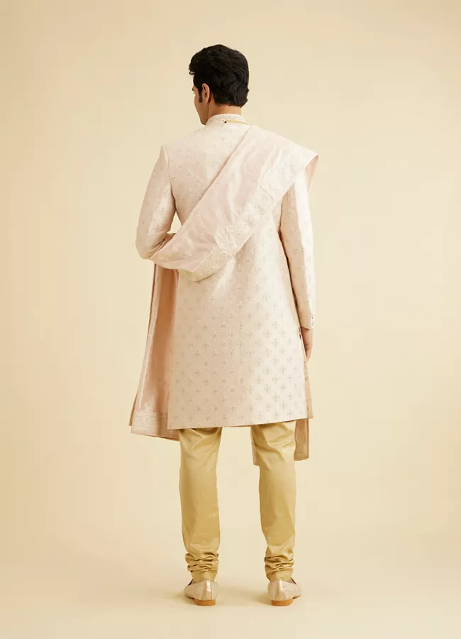 Coral Peach Floral Self Patterned Sherwani Set
