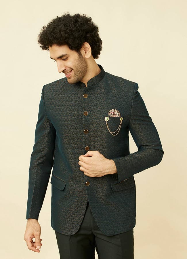Deep Green Lily Motif Jaal Patterned Jodhpuri Suit