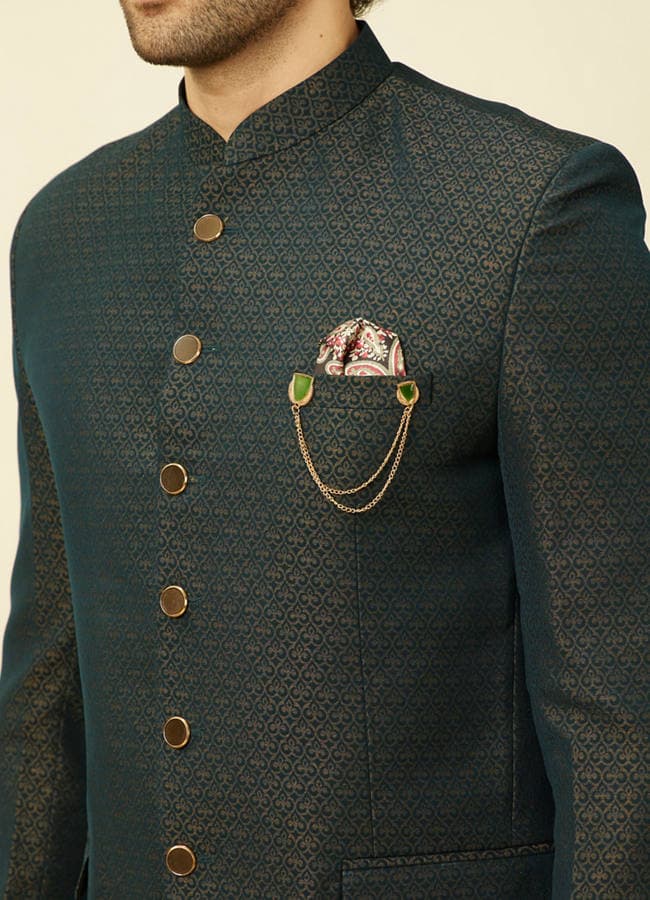 Deep Green Lily Motif Jaal Patterned Jodhpuri Suit