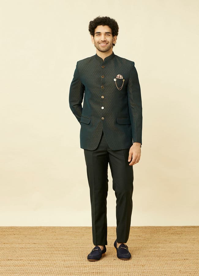 Deep Green Lily Motif Jaal Patterned Jodhpuri Suit
