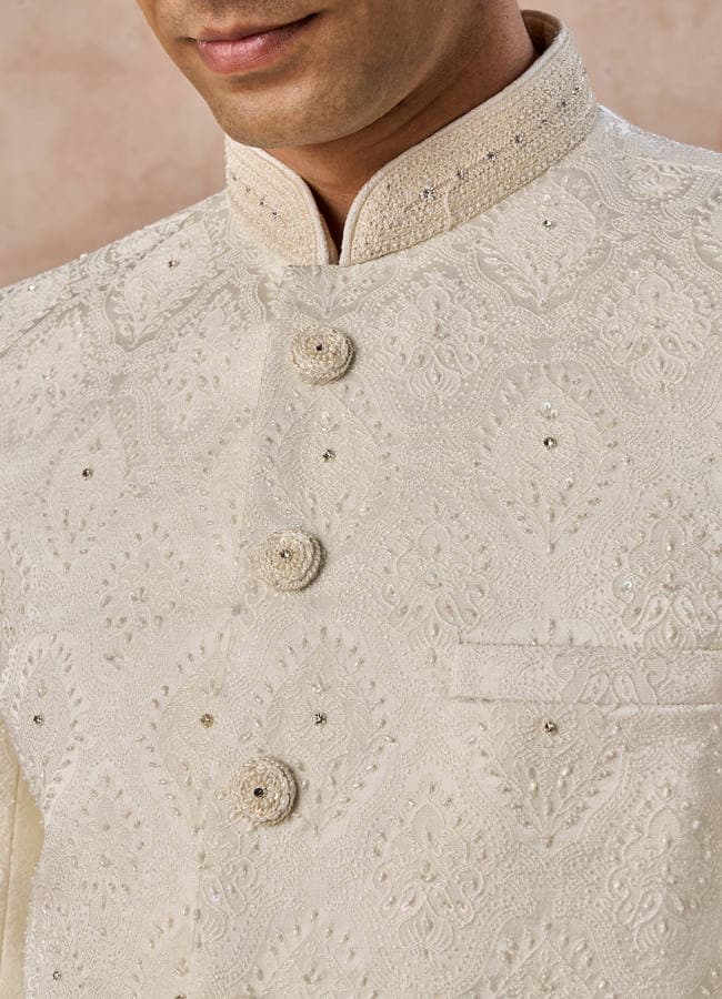 Cream Brocade Jodhpuri Suit