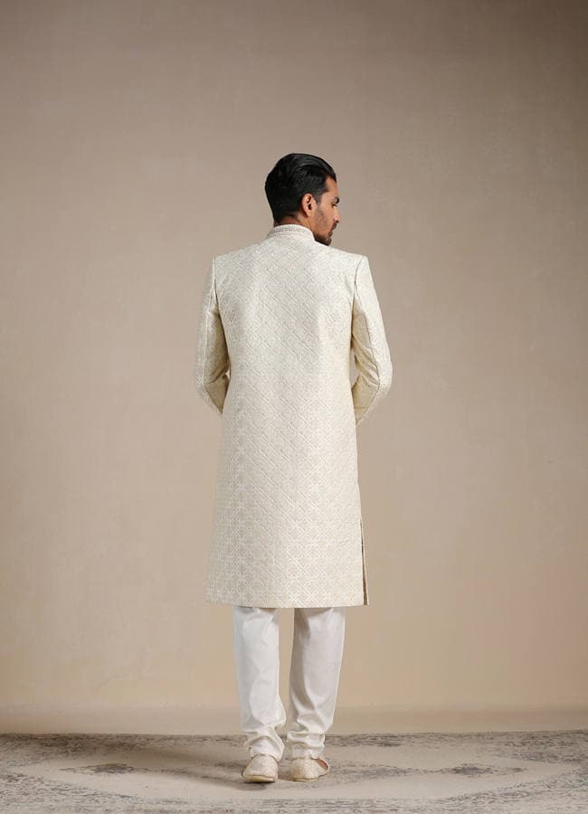 Cream Diamond Patterned Sherwani Set