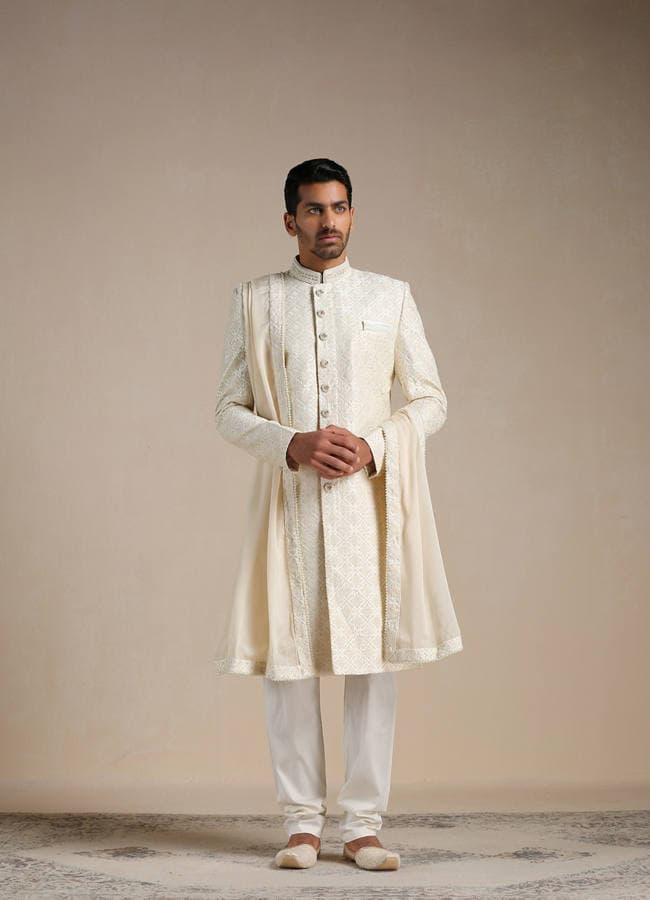 Cream Diamond Patterned Sherwani Set
