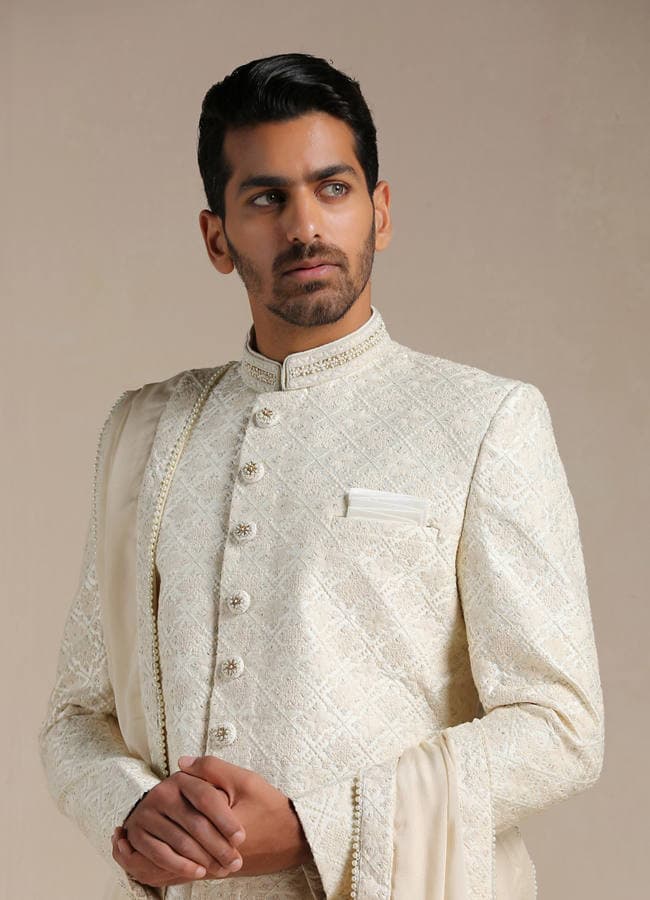 Cream Diamond Patterned Sherwani Set
