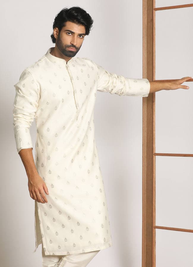 Pearl White Kurta Jacket With Printed Motifs