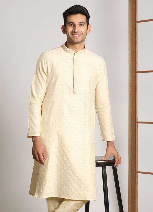 Cream Self Design Occasion Wear Kurta Pajama