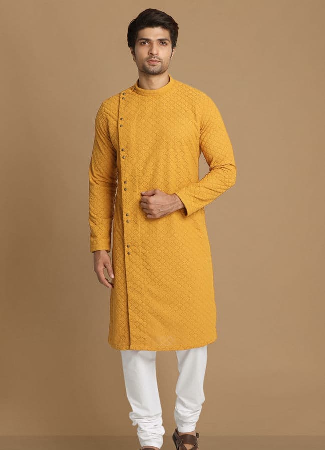 Mustard Side Open Kurta With Chikankari Work