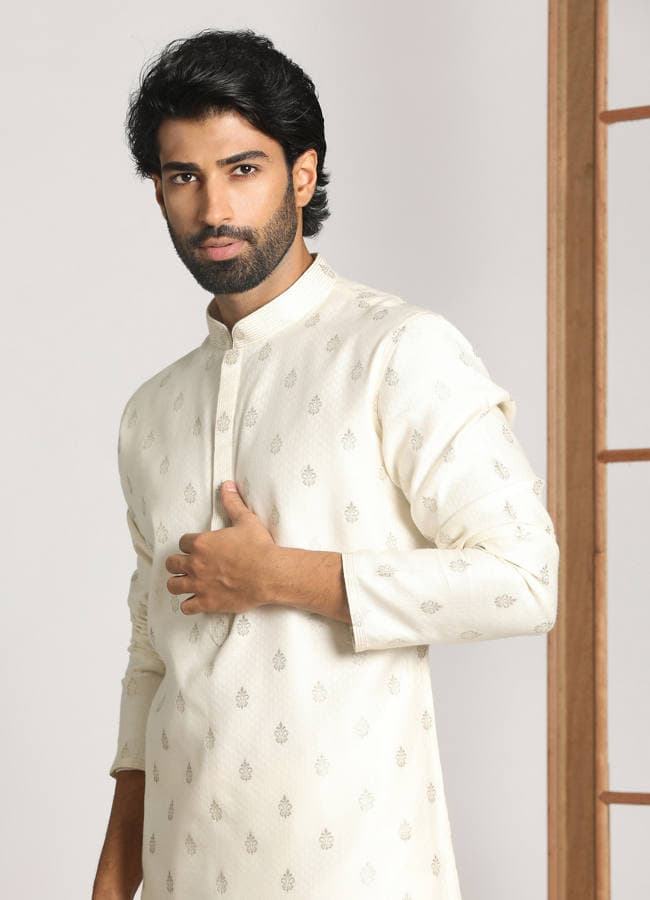 Pearl White Kurta Jacket With Printed Motifs