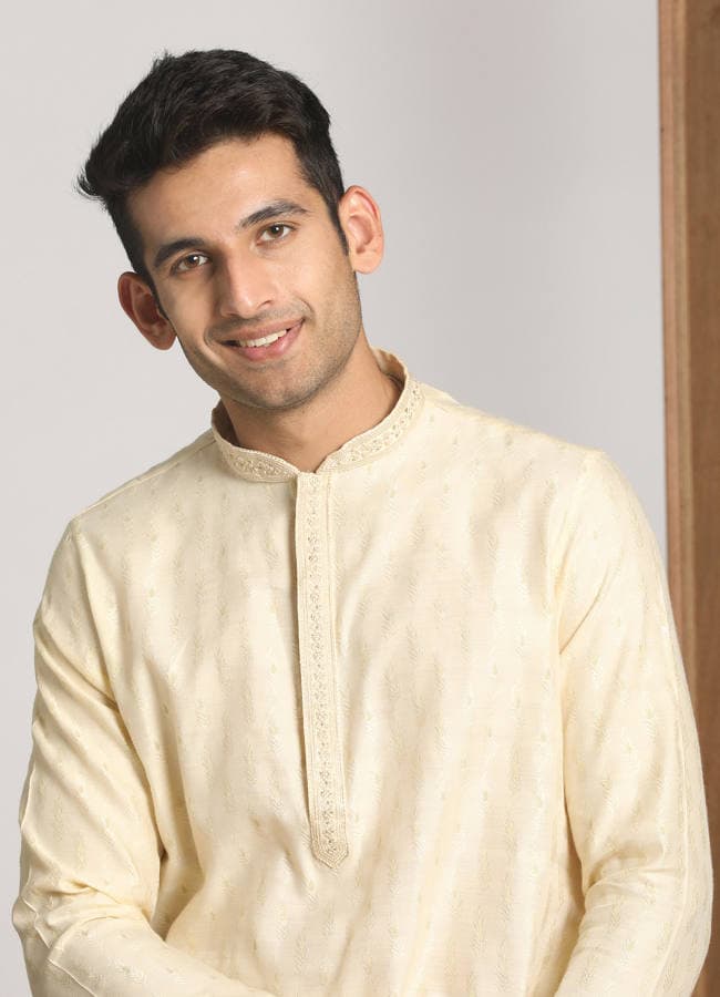 Cream Self Design Occasion Wear Kurta Pajama