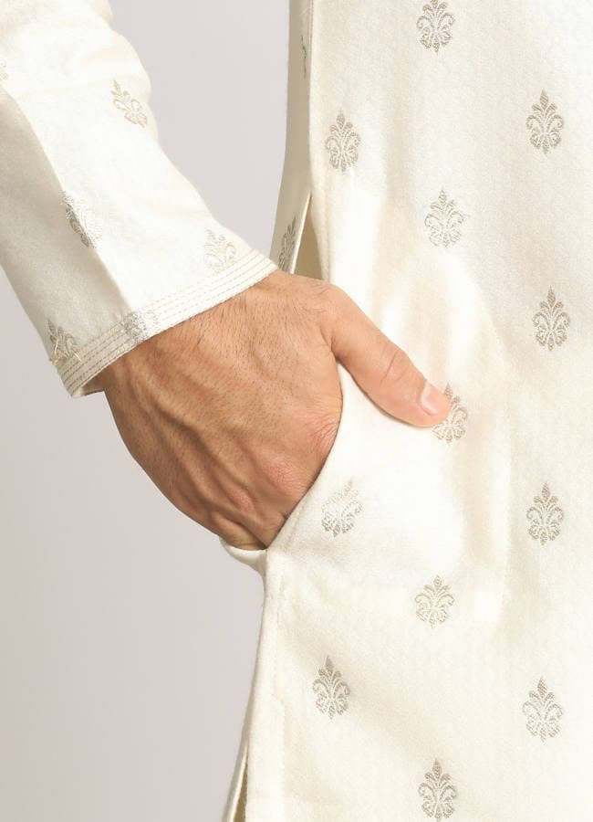 Pearl White Kurta Jacket With Printed Motifs
