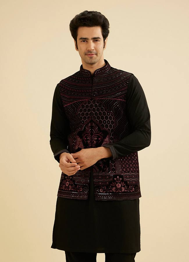 Midnight Black Embroidered Jacket Set with Darbar Motifs And Sequin Work