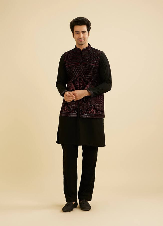 Midnight Black Embroidered Jacket Set with Darbar Motifs And Sequin Work