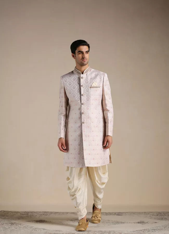 Primrose Pink Floral Patterned Brocade Indo Western Set