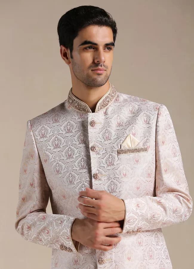 Primrose Pink Floral Patterned Brocade Indo Western Set