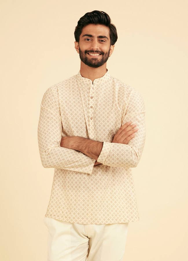 Cream Beige Buta Jaal Printed Short Kurta