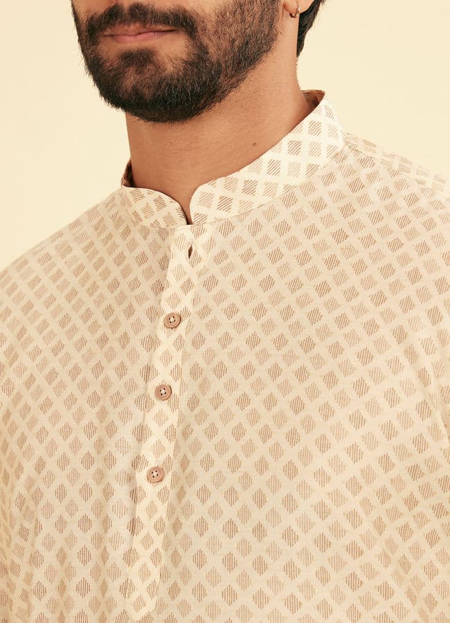 Cream Beige Buta Jaal Printed Short Kurta