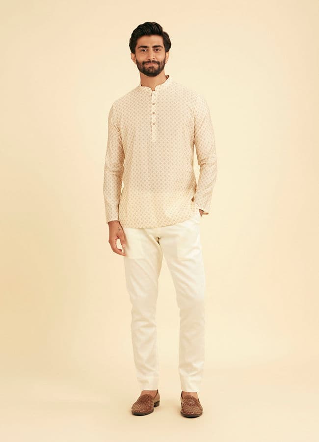 Cream Beige Buta Jaal Printed Short Kurta