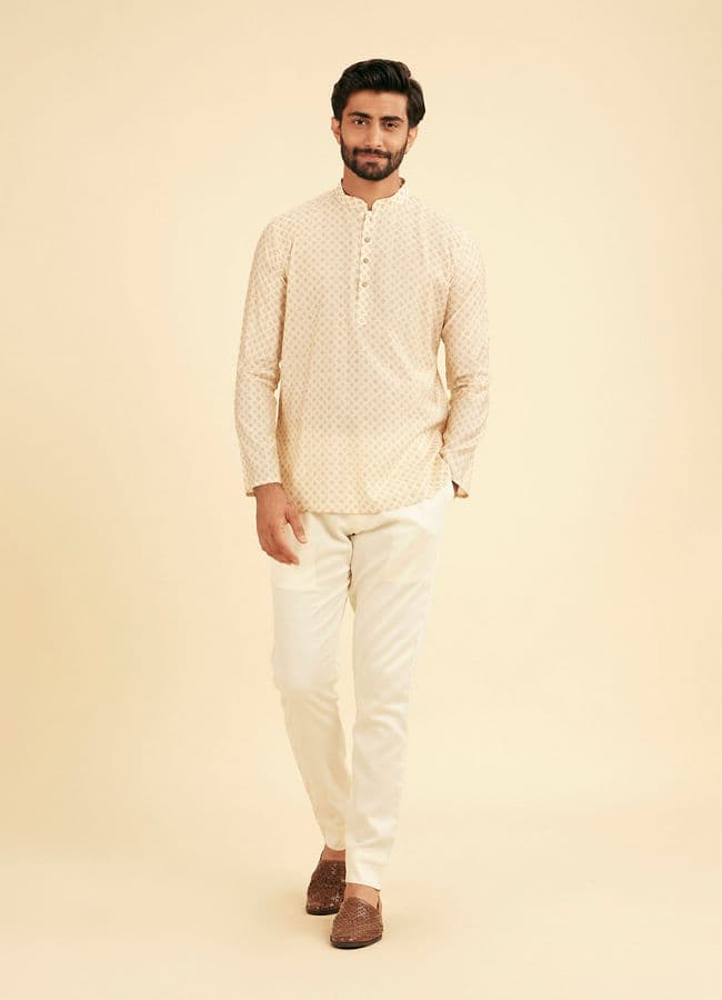 Cream Beige Buta Jaal Printed Short Kurta