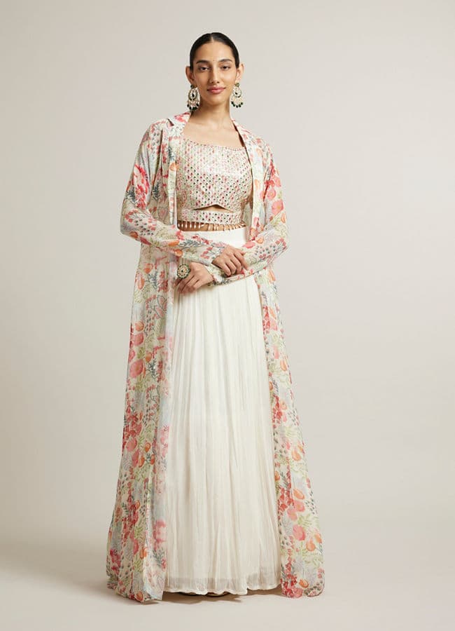 Soft Cream Floral Print Crop Top Lehenga with Mirror Work