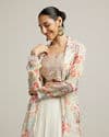 Soft Cream Floral Print Crop Top Lehenga with Mirror Work