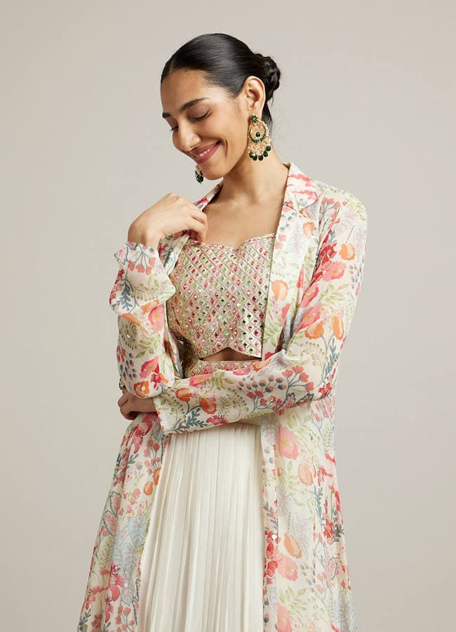 Soft Cream Floral Print Crop Top Lehenga with Mirror Work