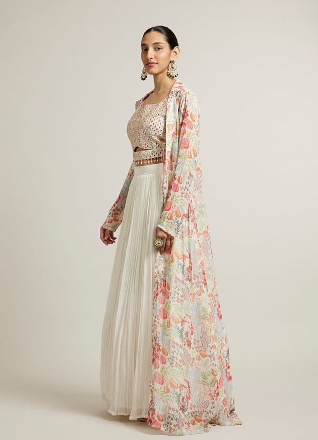 Soft Cream Floral Print Crop Top Lehenga with Mirror Work