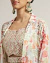 Soft Cream Floral Print Crop Top Lehenga with Mirror Work