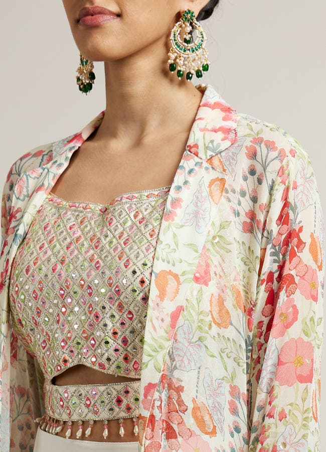 Soft Cream Floral Print Crop Top Lehenga with Mirror Work