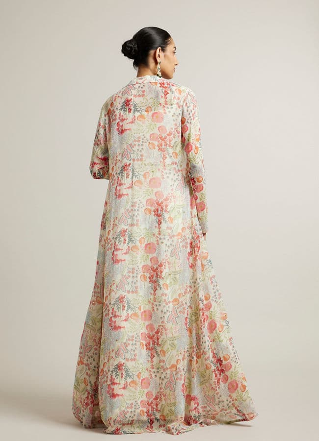 Soft Cream Floral Print Crop Top Lehenga with Mirror Work