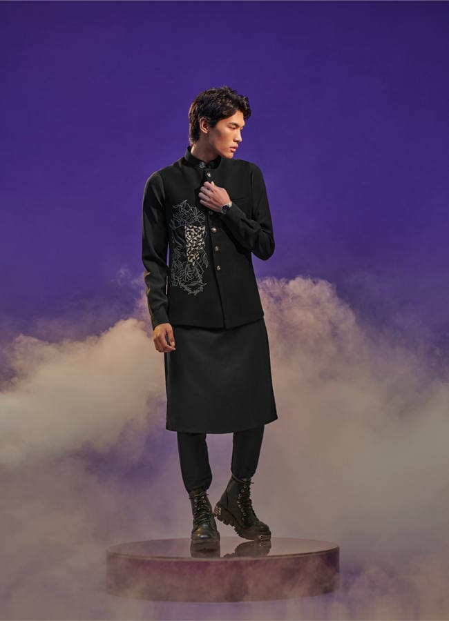 Midnight Black Black Panther Kurta Jacket Set