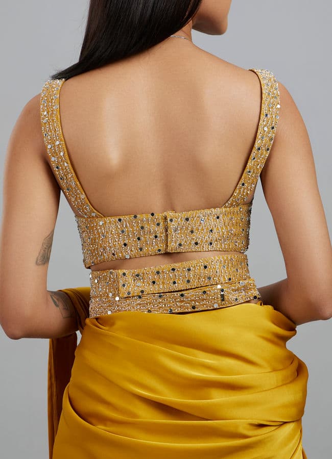 Yellow Satin Elegance Pre Draped Saree