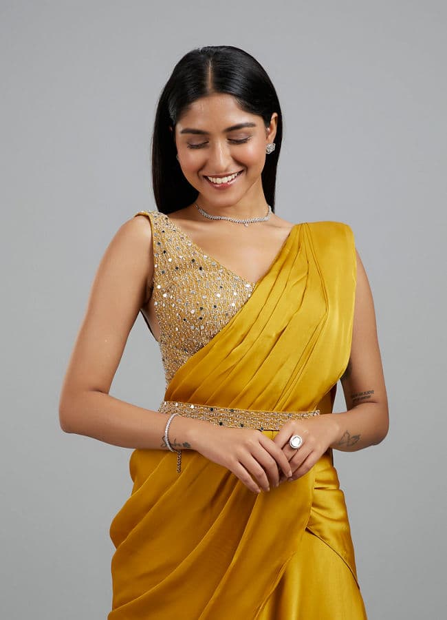 Yellow Satin Elegance Pre Draped Saree
