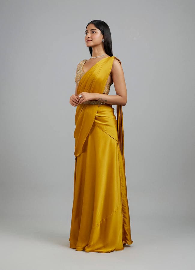 Yellow Satin Elegance Pre Draped Saree