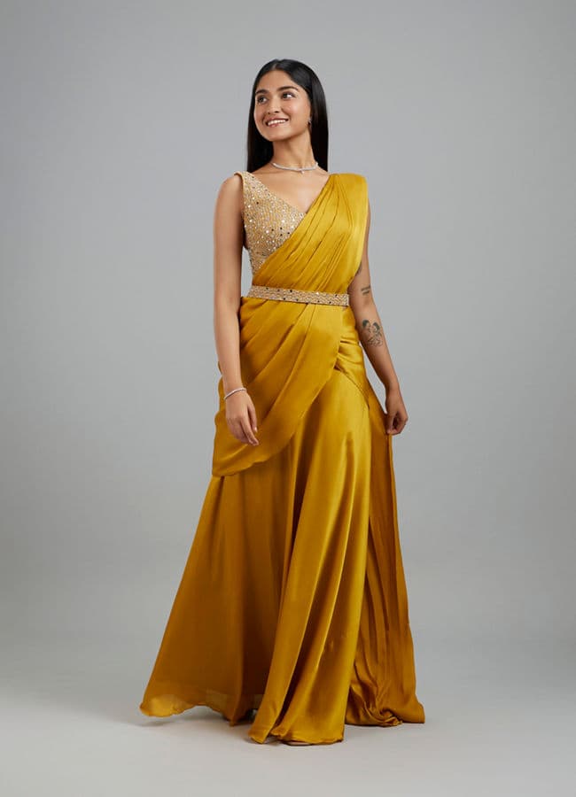 Yellow Satin Elegance Pre Draped Saree
