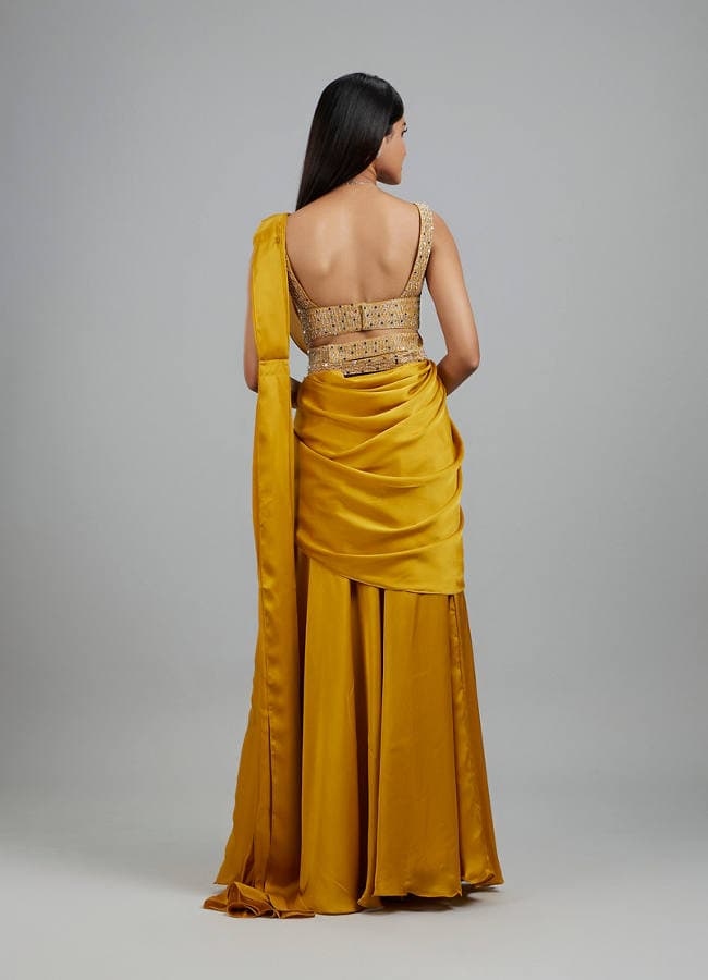 Yellow Satin Elegance Pre Draped Saree