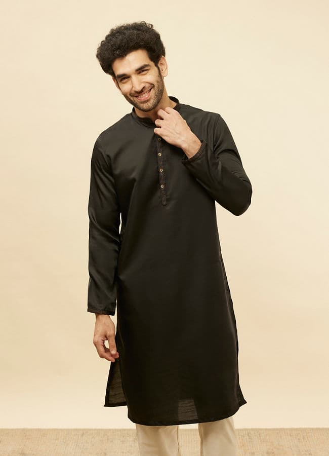 Midnight Black Embroidered Neckline Kurta Set