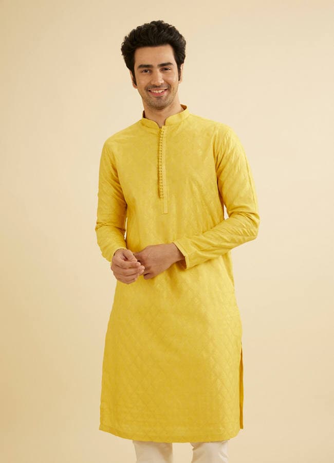 Canary Yellow Self Design Kurta Pajama