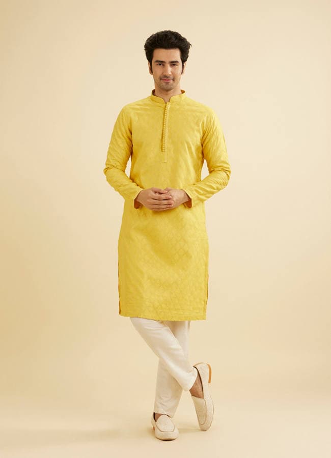 Canary Yellow Self Design Kurta Pajama